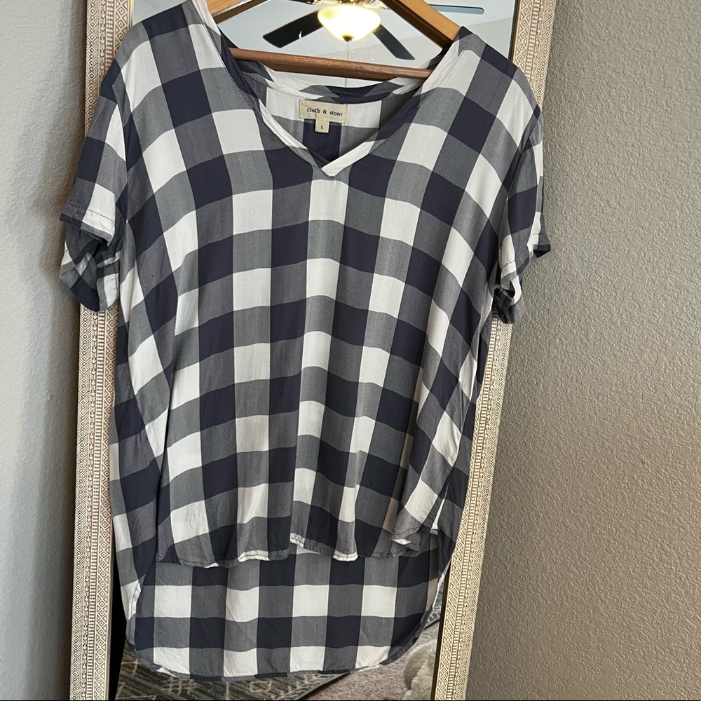 Cloth & Stone Blue Gray Gingham Short Sleeve Tunic Top